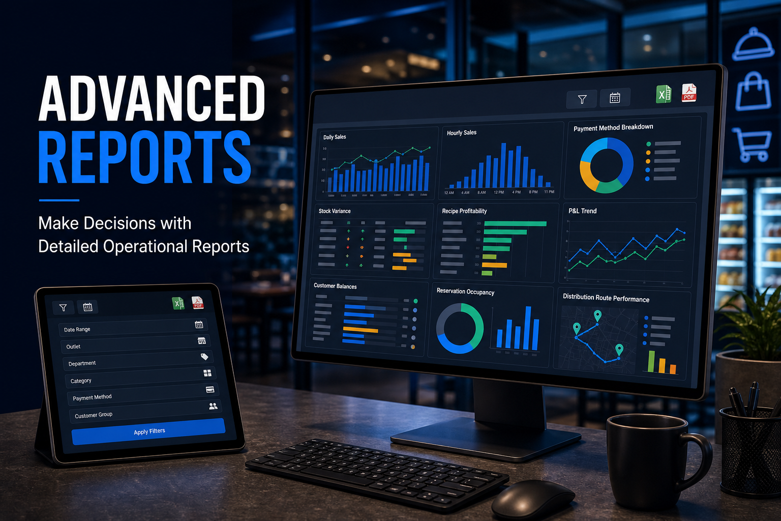 CXPOS Advanced Reports dashboard with sales, payments, stock, profitability, reservations, and distribution analysis