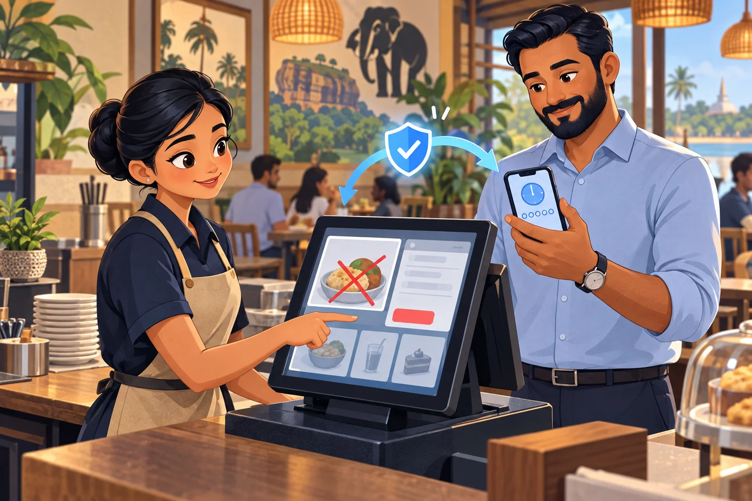 Cashier requesting an item void at a restaurant POS while a supervisor approves with an authenticator app on their phone
