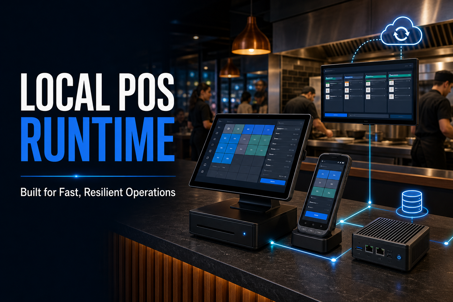 CXPOS Local POS Runtime connecting restaurant terminals, operational displays, local data, and cloud synchronization