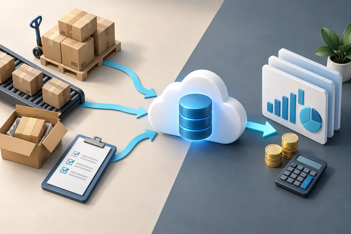Illustrated flow from received goods and operational records into a cloud finance ledger