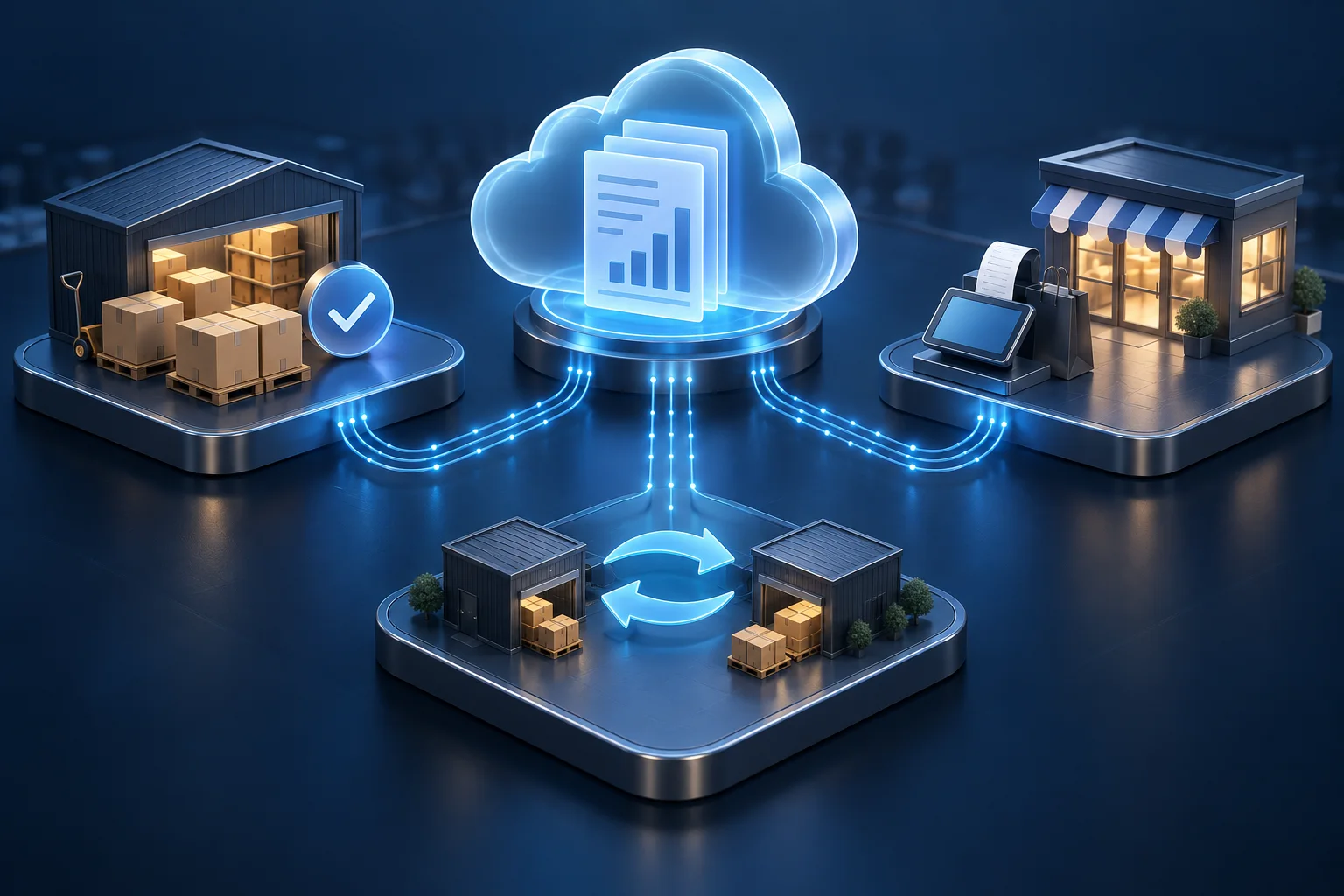Goods receiving, sales, and stock transfers connected to a cloud accounting hub