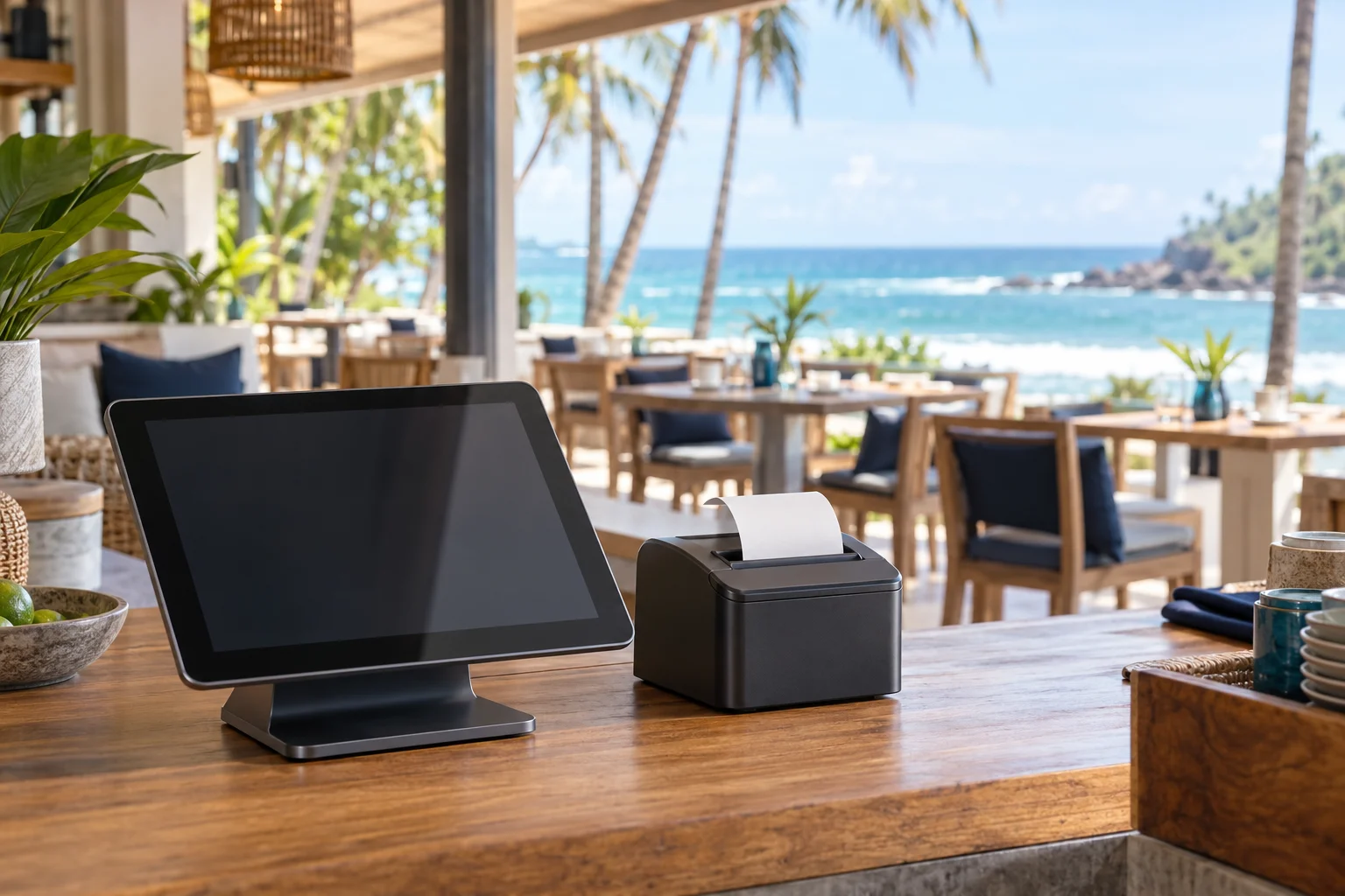 Illustration of a tablet POS and compact receipt printer at a South Coast restaurant counter