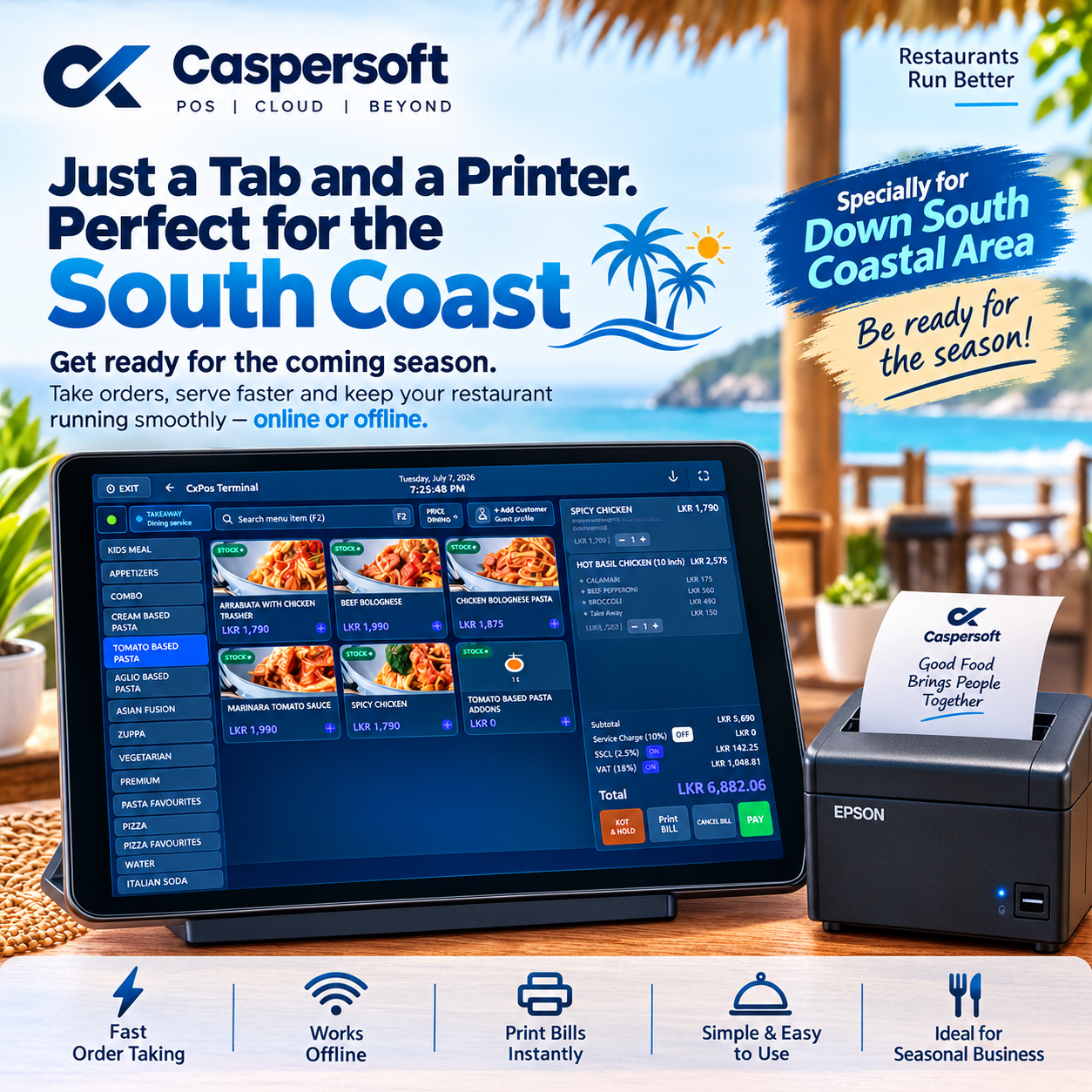Caspersoft South Coast campaign poster featuring a tablet POS and bill printer
